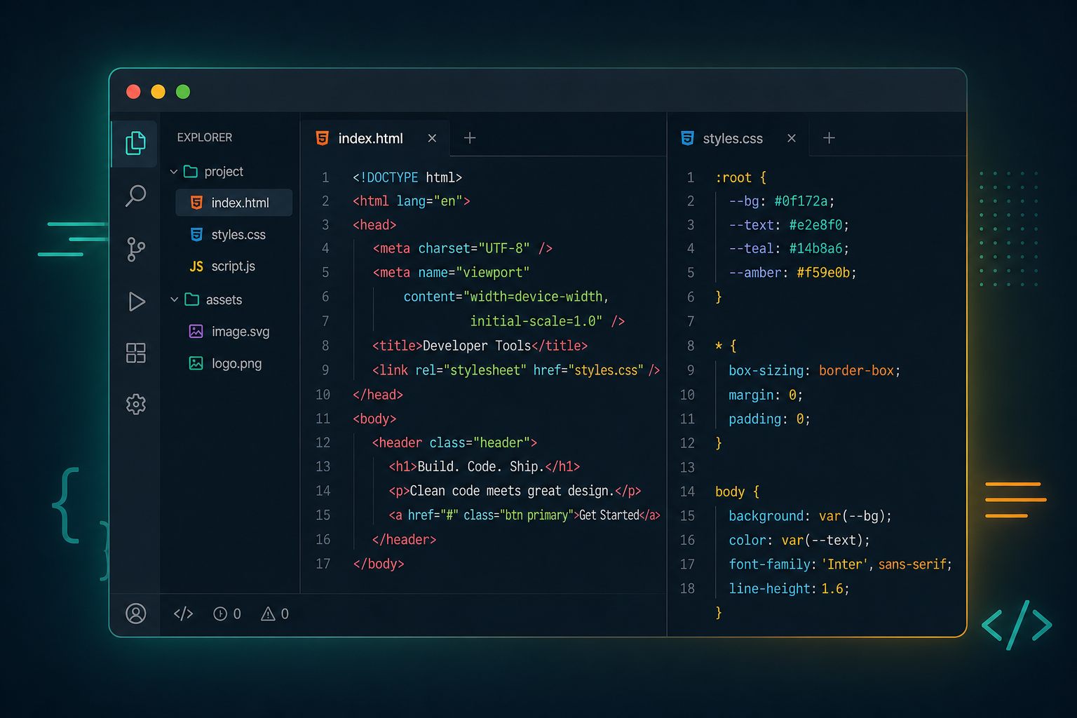 Code editor showing HTML development tools
